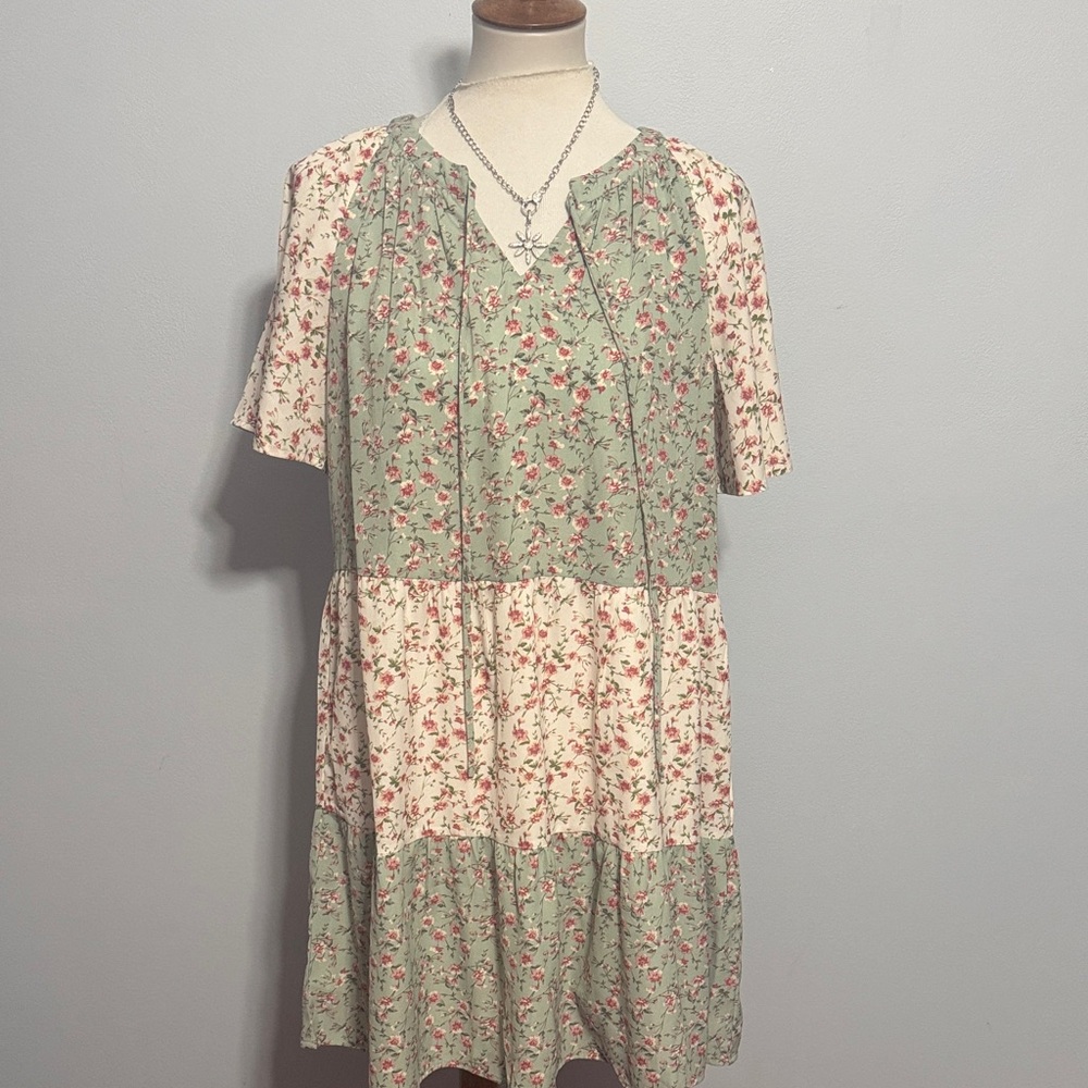 Vintage-Inspired Sage Green & Cream Floral Tiered Mini Dress